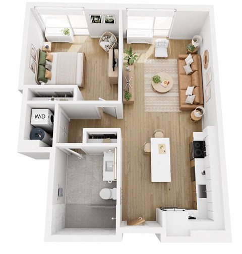 Apartments in Lancaster | a schematic view of a bedroom with a bathroom and a living room